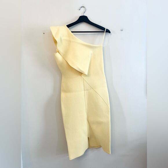 Scanlan Theodore crepe knit ruffle dress one shoulder lemon yellow spring summer - Picture 6 of 12